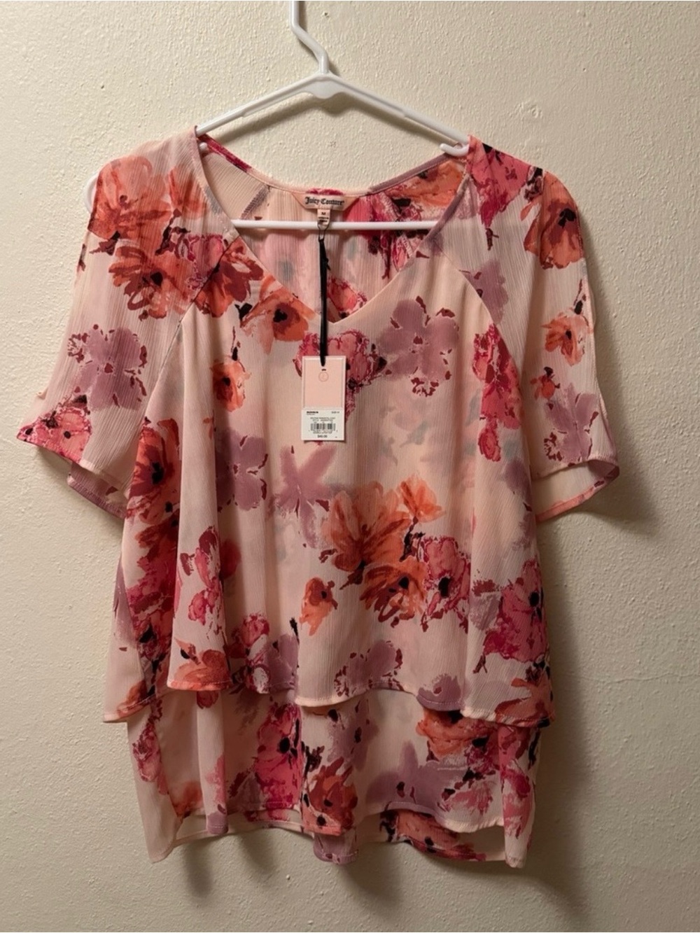 NWT Juicy Couture Pink Watercolor Floral Cold Shoulder Layered Chiffon Blouse M